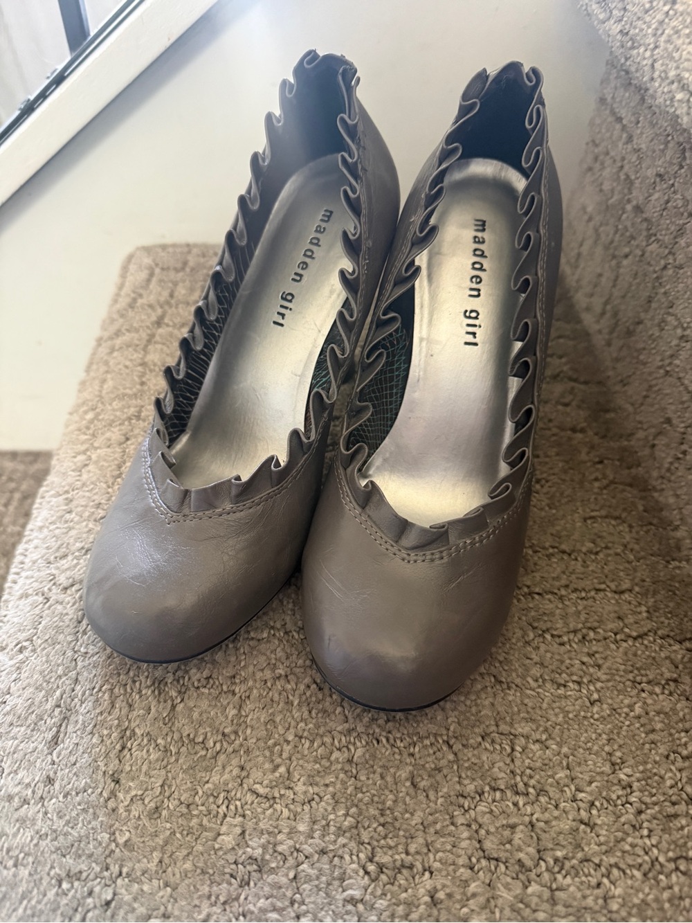 Madden Girl Taupe Ruffle-Trim Round Toe Pumps